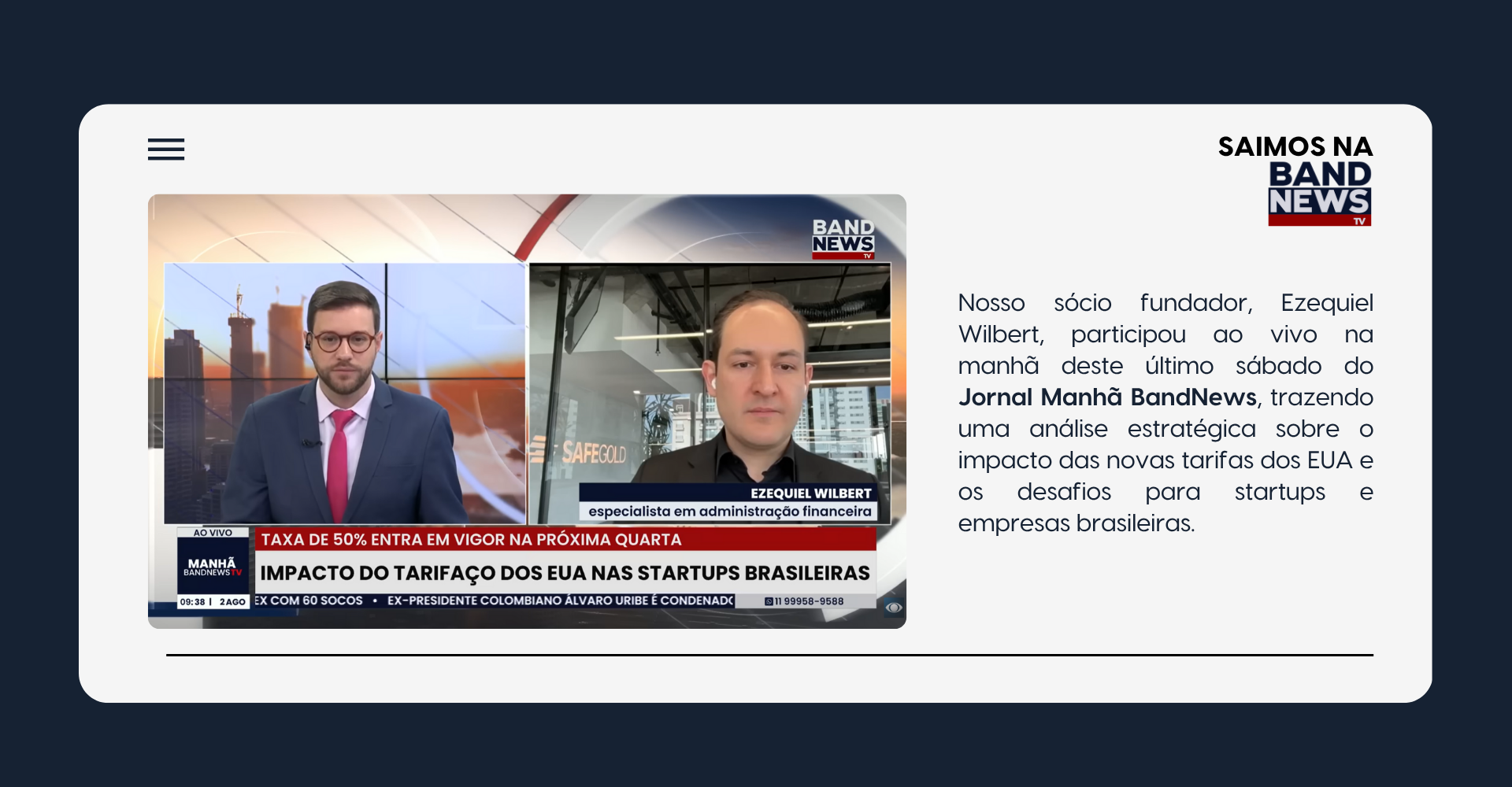 Impacto do tarifaço dos EUA nas startups brasileiras – análise Safegold no Jornal Manhã BandNews